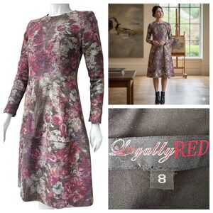 Legally Red Floral Tapestry Dress 8 Jacquard Brocade Dark Academia Modest‎ Retro